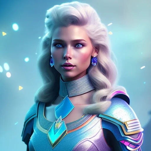 A portrait of a full body crystalised blue pink queen,smiling face, blue eyes, long blond hair, atmospheric, realistic, unreal engine, lighting