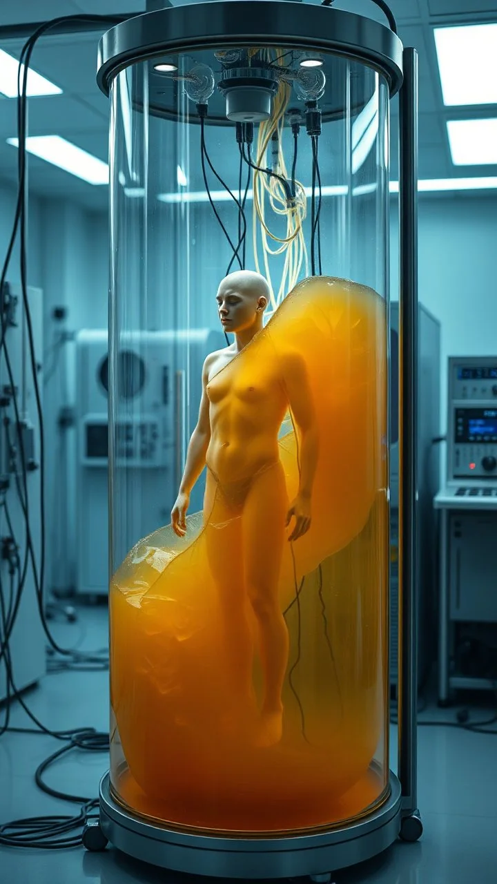 Sleeper in tube cabinet made of glass filled with honey coloured liquid , in a laboratory inside it a human body standing vertically , connected with wires and electrical wires , the human standing in side, a high tech equipment in the background ,4K, cinematic, high resolution