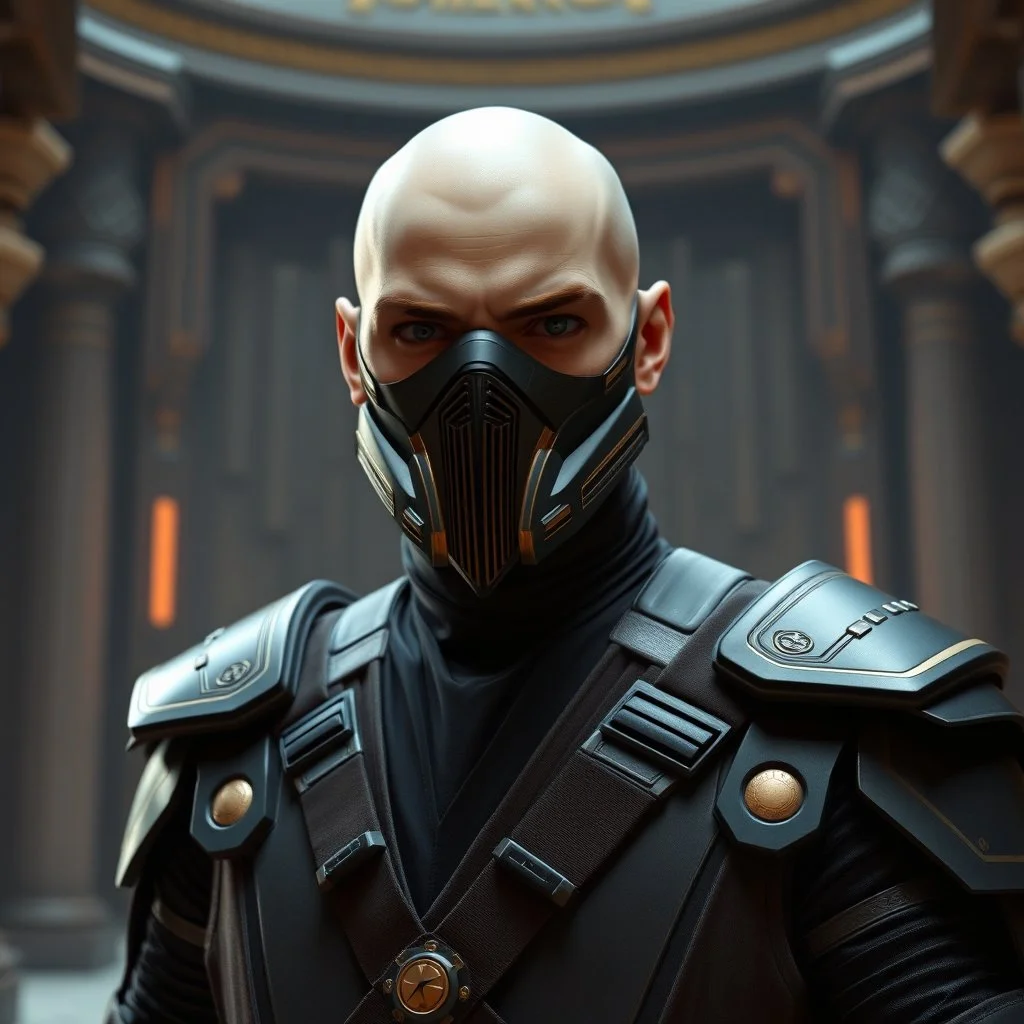 bald male corellian jedi wearing gunmetal grey and black old republic armored flightsuit and breath mask with gold and metallic red trim inside the jedi temple, centered head and shoulders portrait, hyperdetailed, dynamic lighting, hyperdetailed background, 8k resolution, volumetric lighting, light skin, fully symmetric details