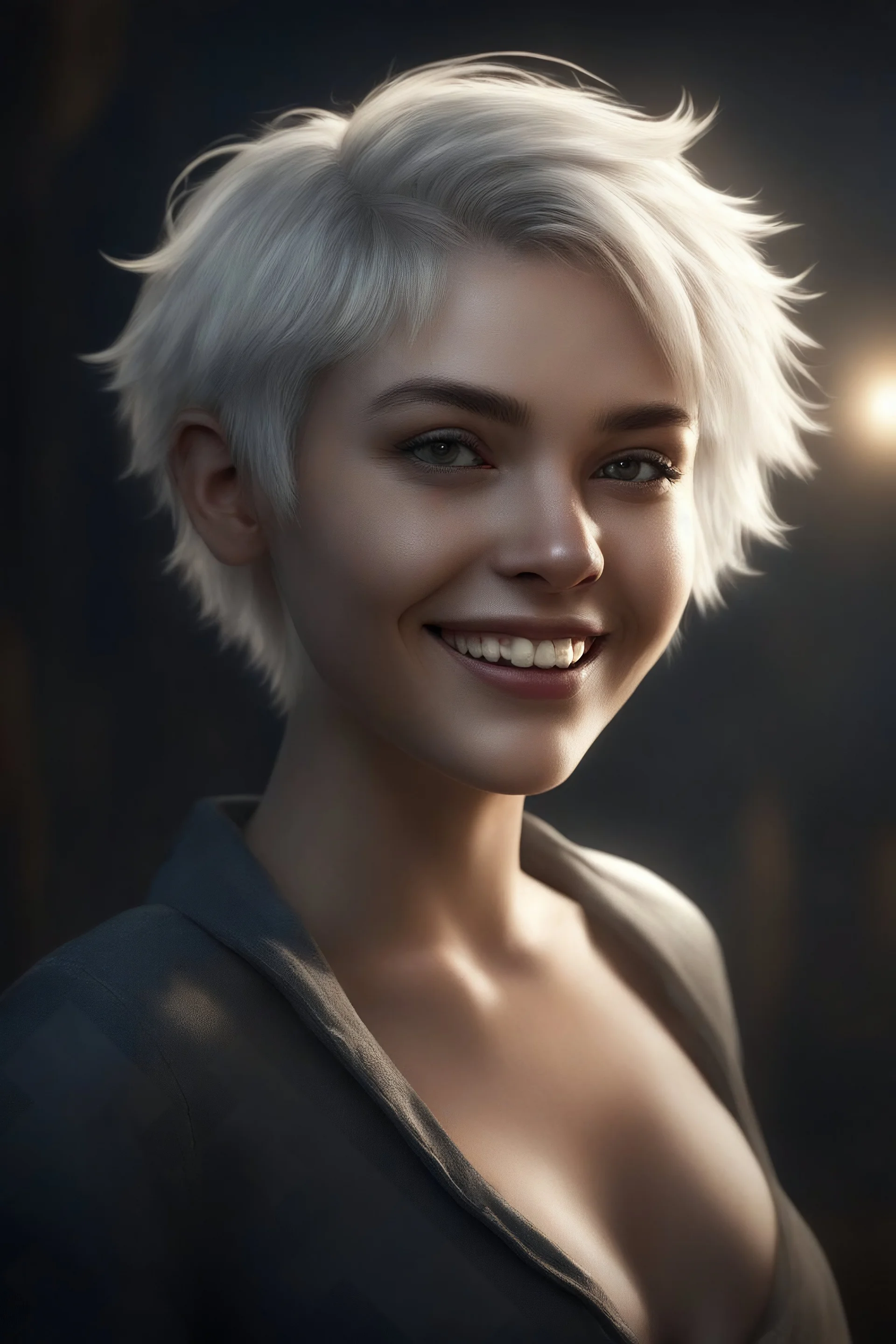 Werewolf, Chiaroscuro lighting, deep shadows, rich deep colors, full body portraits, 8K Ultra-HD, Hyper Realistic, Photorealistic, Realistic, focused, Clear, Extremely Detailed, beautiful, Cinematic, proportionate, full color, an image of a smiling young woman with short, pixie-cut bleached white hair, tapered on the sides, wearing a pair of blue round lensed glasses, big, gold hoop earrings, and a pink and blue button t-shirt, big happy smile, a foggy, cloudy blue background