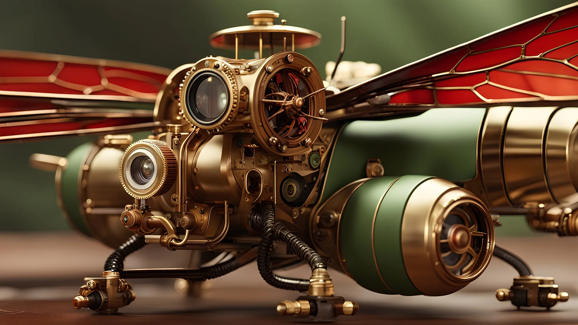 High-end state-of-the-art STEAMPUNK aesthetics flawless smiling epic cute heroic red dragonfly DSLR Camera, supreme cinematic-quality photography, sage green and honey brown pure leather clothes, Art Nouveau-visuals,Vintage style with Octane Render 3D technology,hyperrealism photography, (UHD) with high-quality cinematic character render,Insanely detailed close-ups capturing beautiful complexity,Hyperdetailed,Intricate,8K,Hyperrealism craftwork