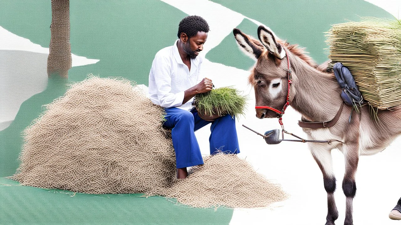 A man sitting on donkey and putting bunch of grass on his head