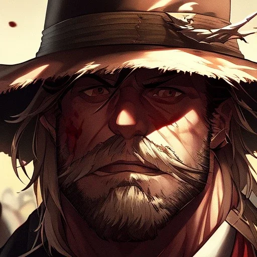 Clear focus, High resolution, max detail, Portrait, bearded, Gunslinger, Cowboy, cowboy hat, serious face, Blood Splatter