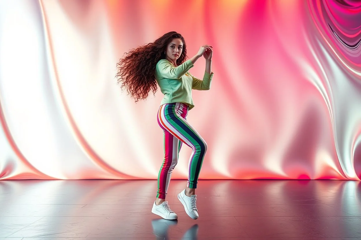 beautiful lady with to days modern clothing and sport shoes curvy long hair, in modern stage made of 3d fractal random size recursive objects with helical strip colors in clothing similar to environment full body dancing to camera,animating background metallic random color size recursive objects