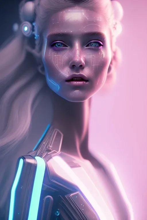 cyberpunk, head, women, portrai, tron sketch of a girl on lined paperA beautiful one nude body of a make up smiling woman blond long hair, alone, high key lighting, volumetric light high details with white stripes and blue eye, smiling with plump pink lips, flowers around, unreal engine petit prince belle fine, profil de trois quart, grand front cosmique, peau bleu cristalline, yeux bleu, perle sur le front long cheveux blond et rose etoilé, cristaux sur le corps, collier de grande princesse, l