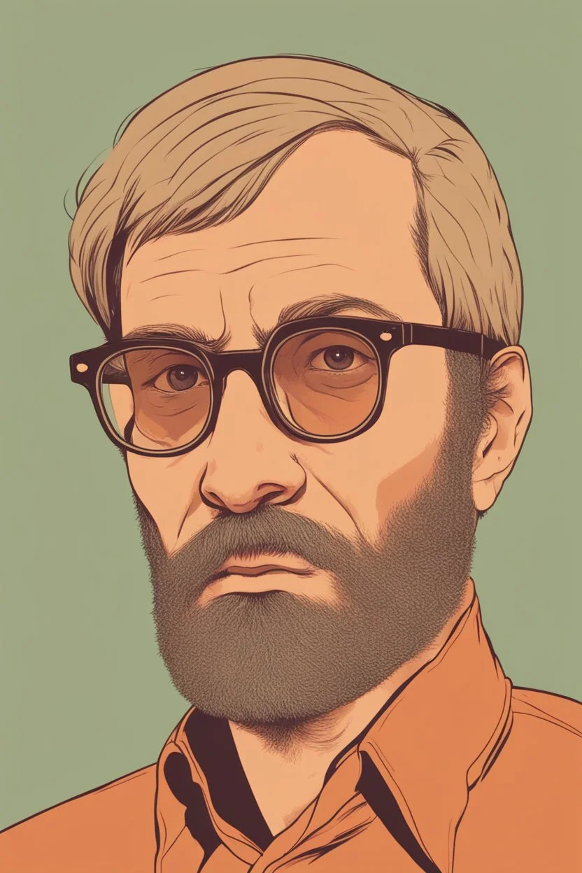 Man similar with glasses of colours and poor and short short short and poor hair on the head with receding hairline. Farsightedness glasses with big eyes. Shirt beard in the head. Vintage look and feel like photo style-of the 70s