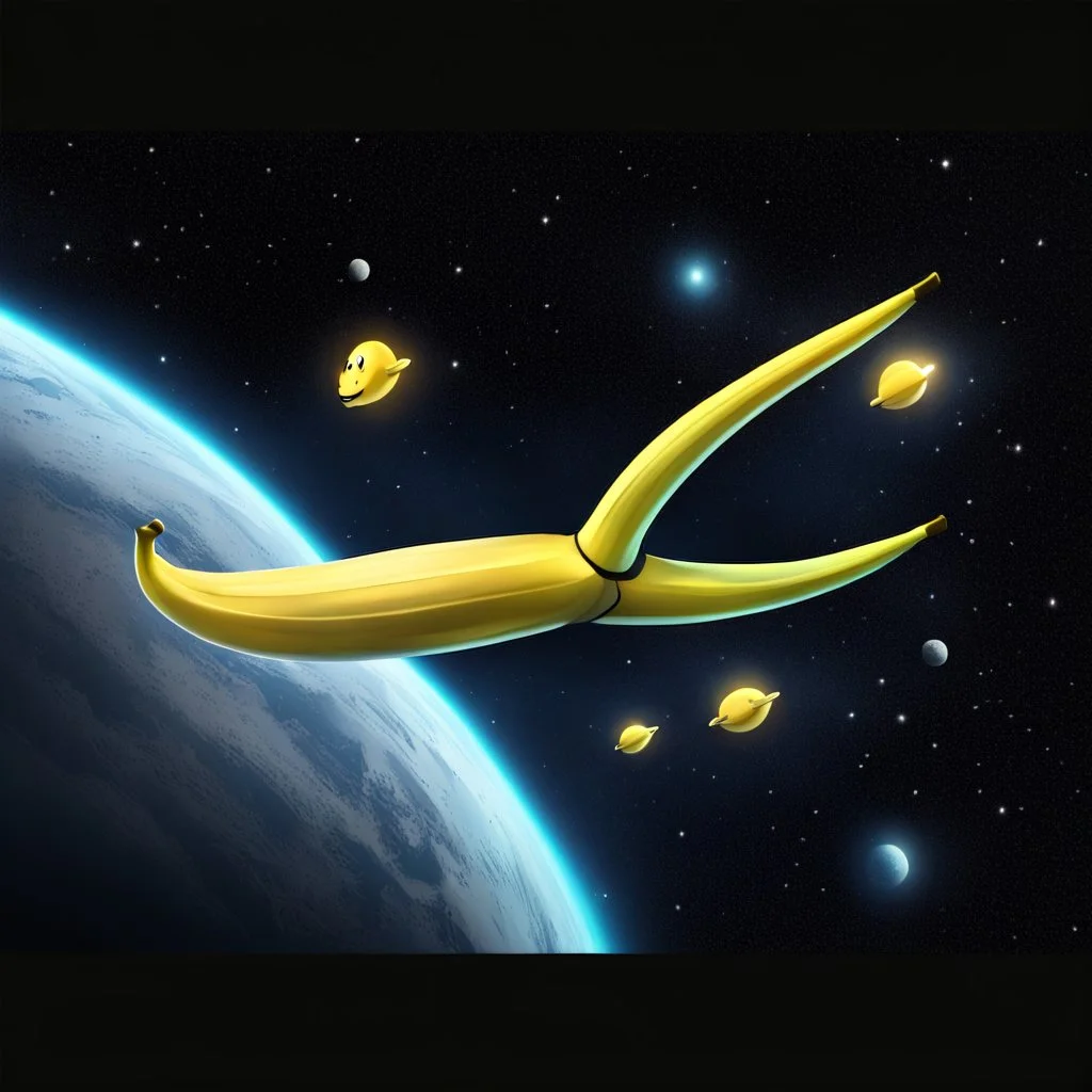 draw cartoon yellow banana with smile as starship flying in space.