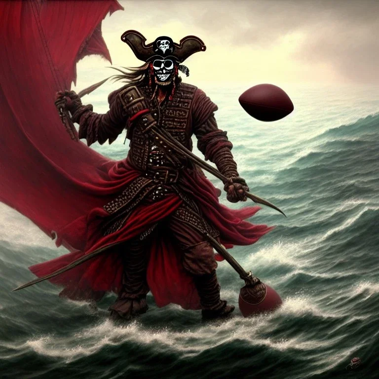 a pirate warrior in dark red full armor and mask, on his ship, holding a football, a highly detailed illustration, background of giant crashing ocean waves, realistic render, 8 k, micro detail, intricate, elegant, centered, digital painting, Artstation, smooth, sharp focus, illustration, artgerm, tomasz alen kopera, peter mohrbacher, donato giancola, joseph christian leyendecker, wlop, boris vallejo