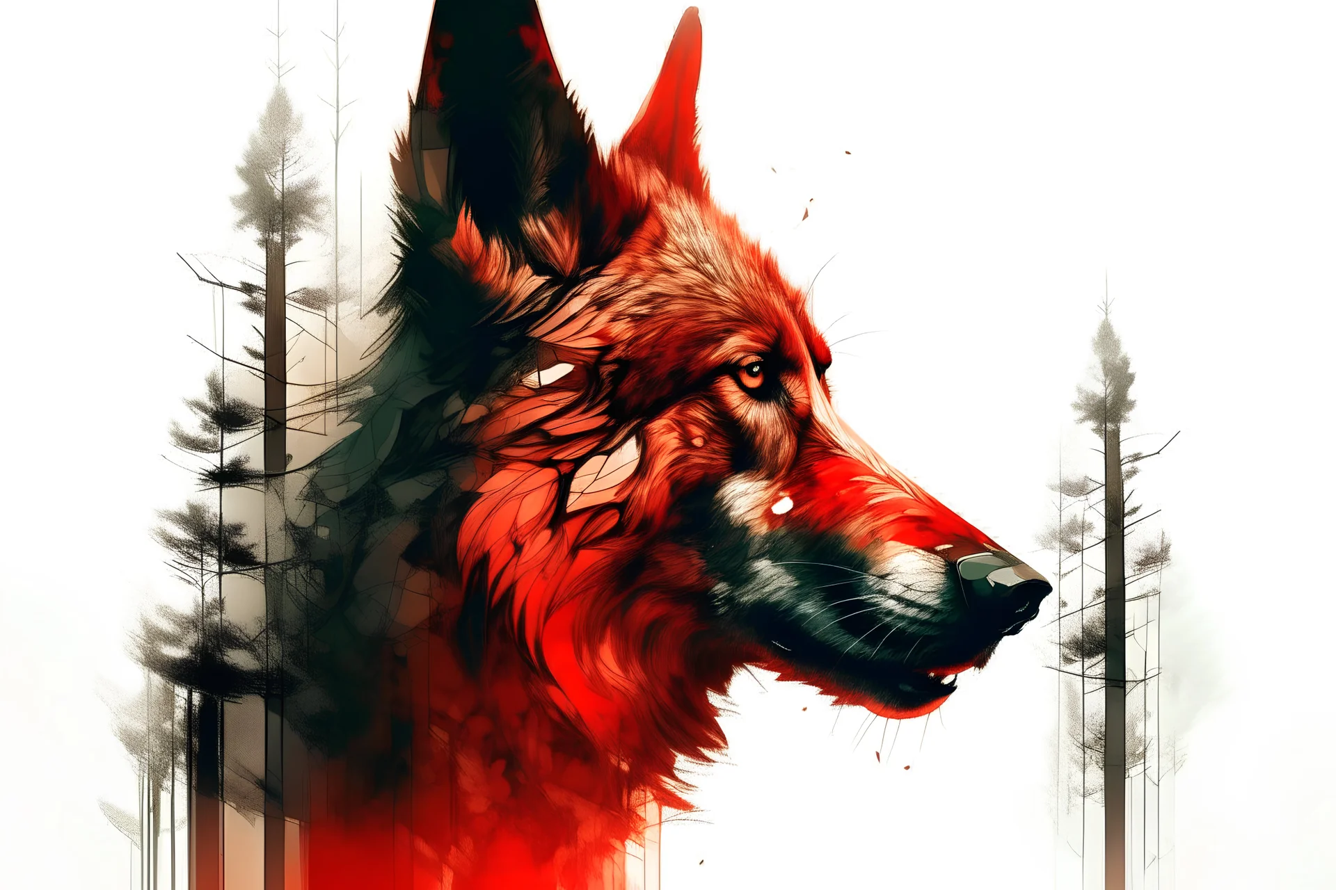 Pintura en doble exposicion de caperucita roja y un perfil de lobo siniestro, foco nítido, fondo claro de un bosque.