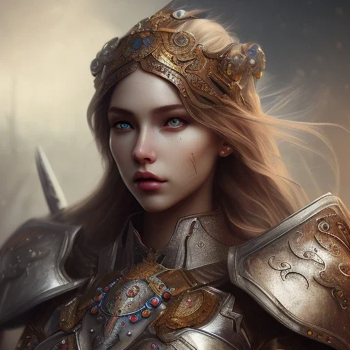 portrait of a warrior with godddes beautiful girl themed armour, extremely detailed, UHD, 8k,macro lens, perfect position,hyperphotorealistic, unreal engine 5, octane render