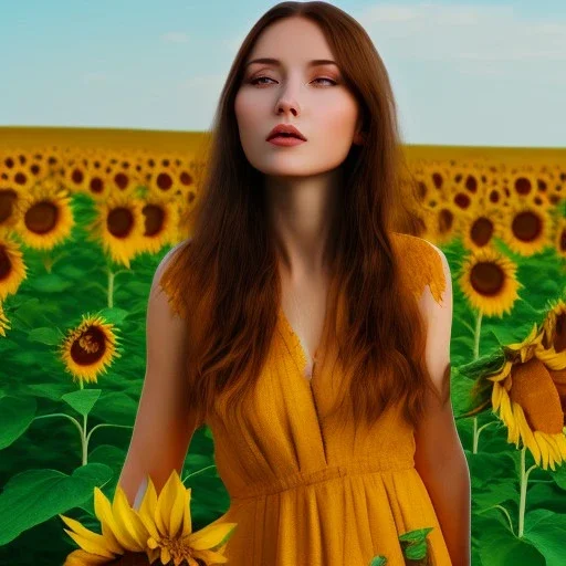 woman standing in sunflower field, back, wind, long brown hair, yellow dress