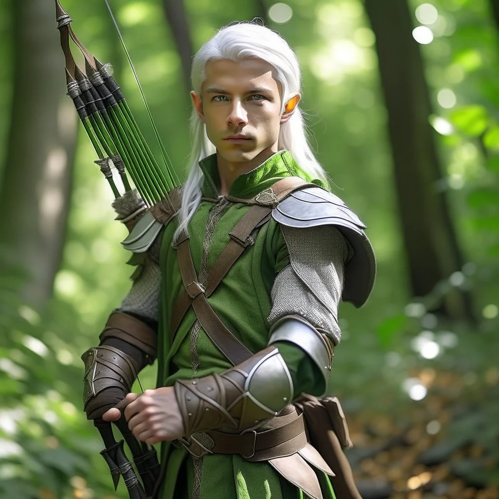 Please create an image for a young elven male with light brown skin, silver hair, and green eyes. He is standing outside in the forest during springtime, carrying a crossbow. There is another walking suit of armor in the background