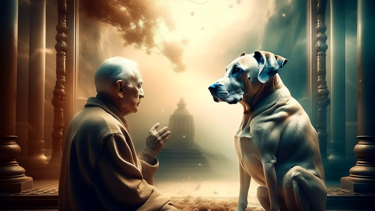 A surrealist digital artwork depicting a mystical encounter between a talking dog and an enigmatic old man in a dreamlike setting