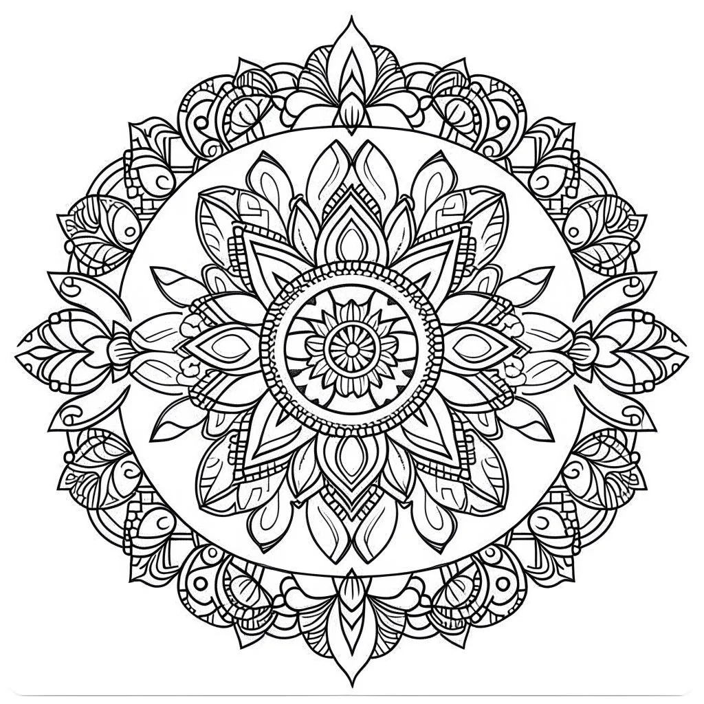 "Create a unique flower MANDALA. This mandala coloring sheet features strange and imaginative SHAPES, ensuring a realistic yet fantastical journey. Draw clean lines in a 3:4 aspect ratio on a white background, embracing minimalistic black lines and low-level black colors. Craft a coloring page with perfect, clear lines, avoiding repeated images, sketching, and thick black colors.