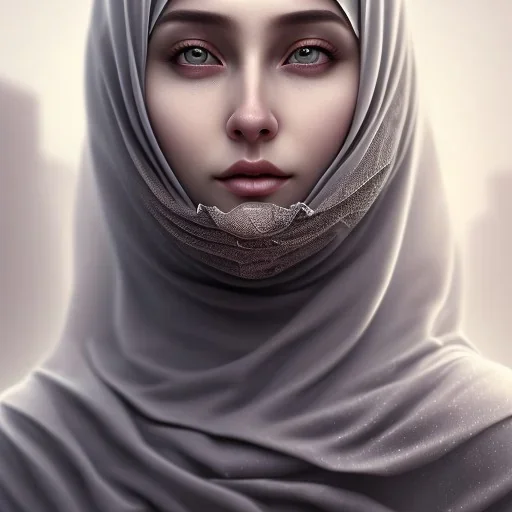 close up portrait of fog as woman in hijab, fine detail, highly intricate, modern surrealism painting, defined cracks and breaks, high-quality, volumetric lighting, 8k, ultrahd, George Grie, Marco Escobedo, Igor Morski,Brian Froud, Howard Lyon, Selina French,