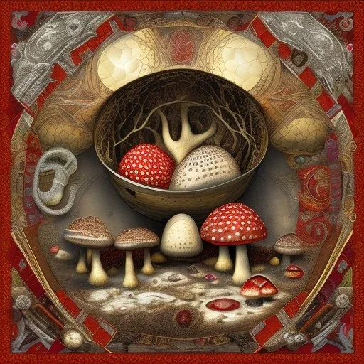 Patchwork, large Amanita muscaria mushrooms in a silver bowl