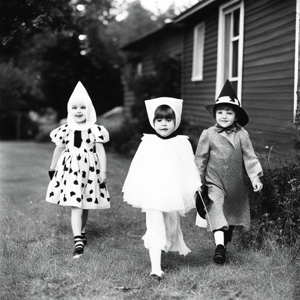 Kids(in spooky costumes)trick or treating on Halloween. 1960s era