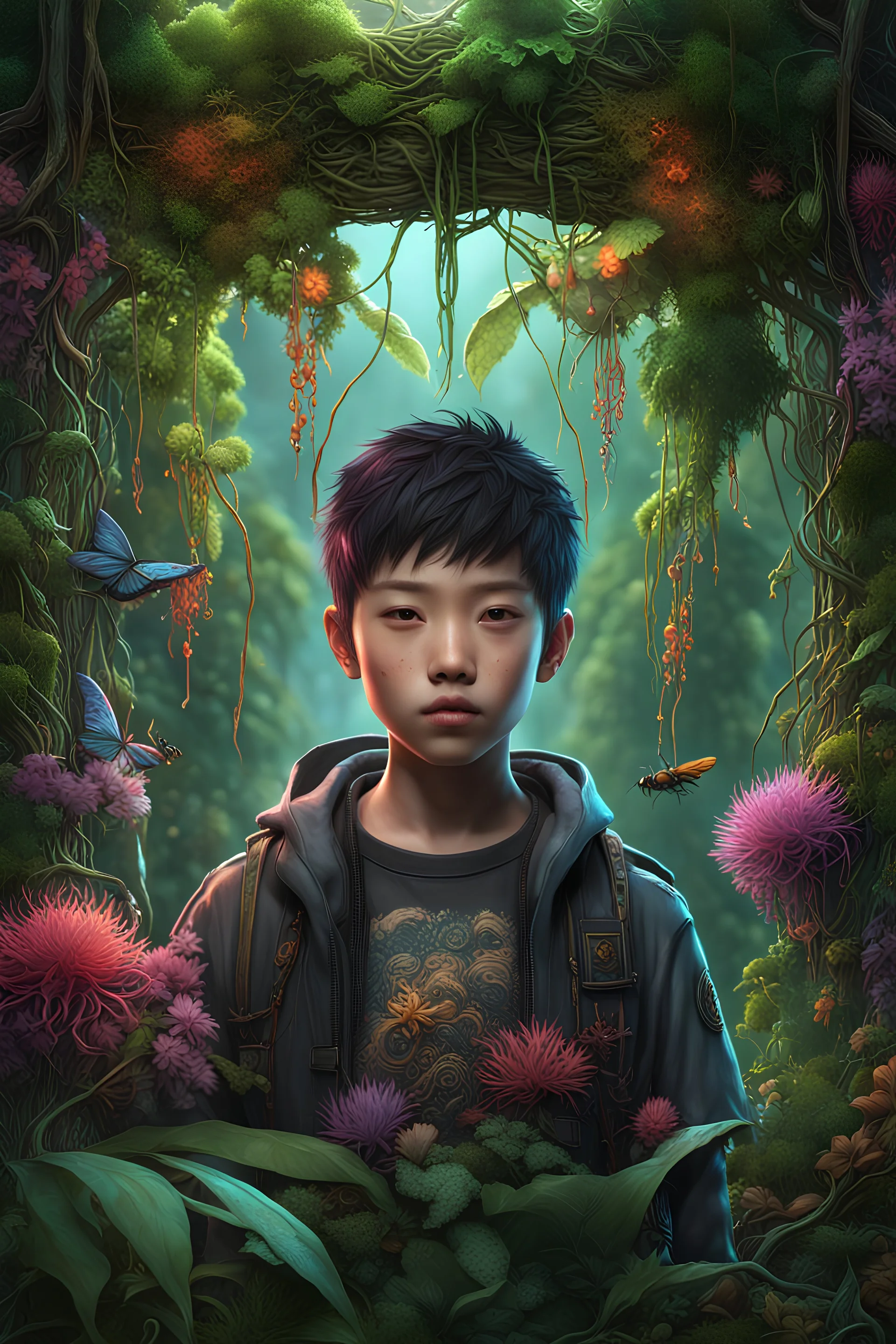 Expressively detailed and intricate 3d rendering of a hyperrealistic: asian boy, cyberpunk plants and flowers, neon, vines, flying insect, front view, dripping colorful paint, tribalism, gothic, shamanism, cosmic fractals, dystopian, dendritic, artstation: award-winning: professional portrait: atmospheric: commanding: fantastical: clarity: 16k: ultra quality: striking: brilliance: stunning colors: amazing depth