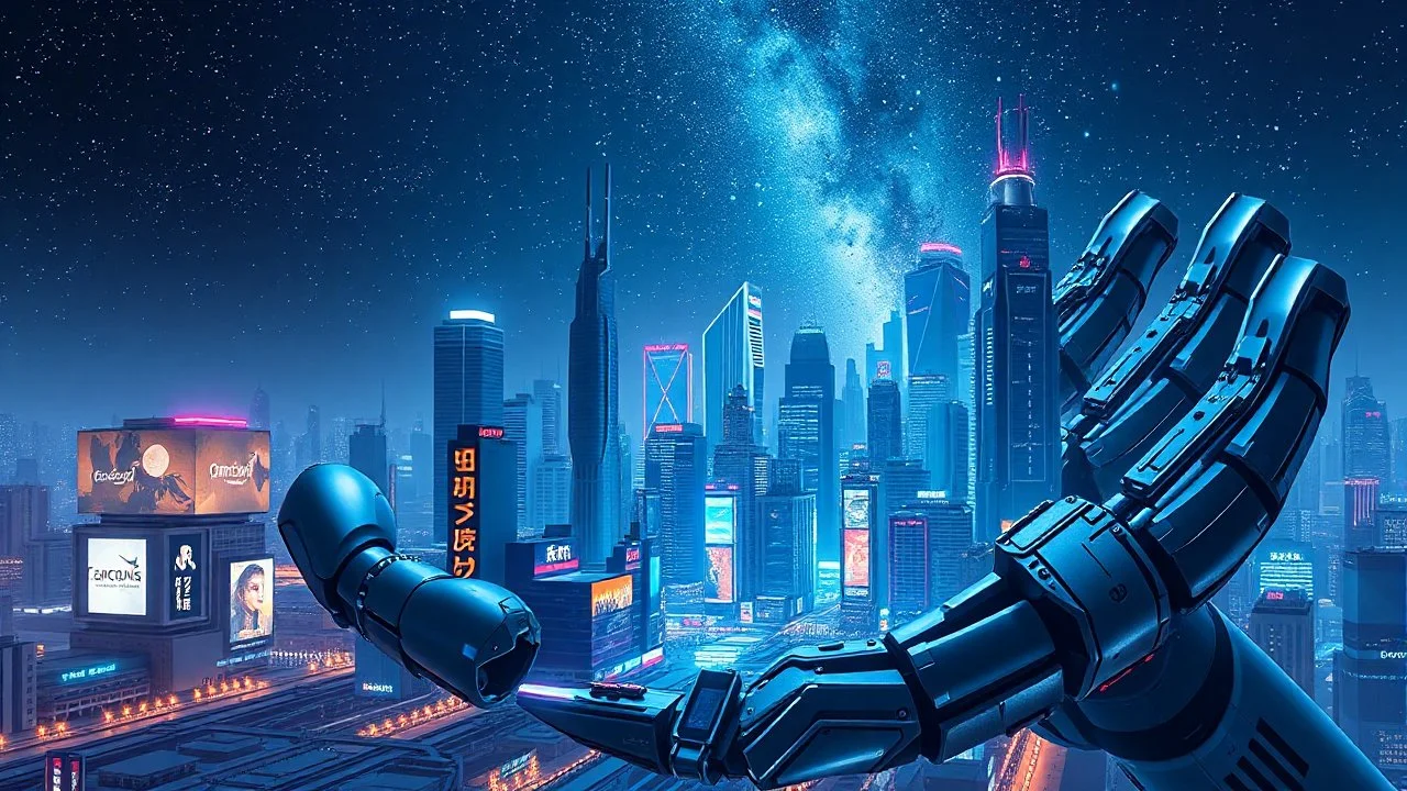 A futuristic metropolis build across the metallic of a gigantic robotic open hand. The urban landscape is a marvel of modern architecture, with sleek skyscrapers, neon-lit billboards, and gleaming high-tech infrastructure. The dominate color palette is a deep, rich blue, evoking a sense of sci-fi wonder. Above the city, a starry night sky twinkles with a thousand pinpricks of light, adding to the sense of otherworldly adventure. The city's streets are bustling with activity, but the focus rema