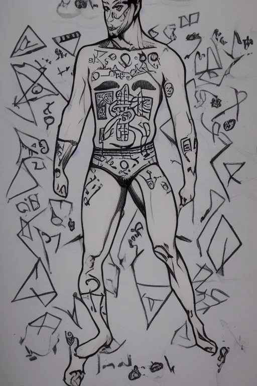 man in full body spandex with runes all over it drawn in marker