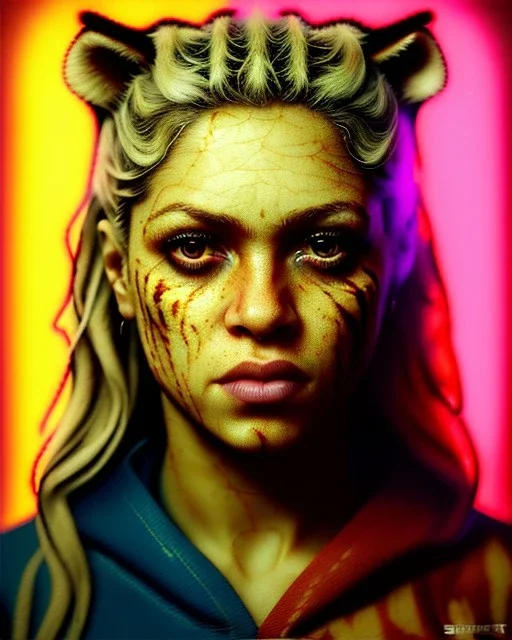 portrait, Shakira, blonde artist, angry, Realistic image, MMA robe, hoodie, mouthguard, nose, band aid, loose long hair, eyes make up, line gold make up, glow, circle iris. Tiger texture, Rain, fog, Neon colors, leds. Dark background, photo studio, neon lights. concept art, smooth, unreal engine 5, god lights, ray tracing, RTX, lumen lighting, ultra detail, volumetric lighting, 3d, finely drawn, high definition, 4k.