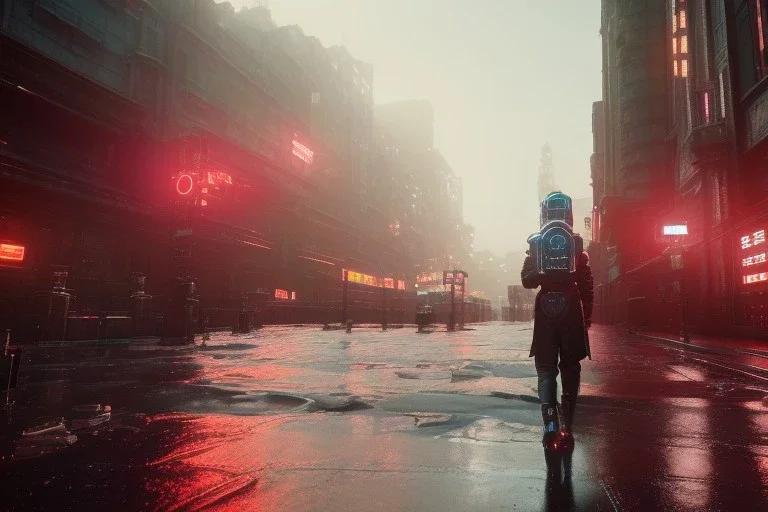 3D, beautiful, light reflecting, empty city at night, rainy night, neon, cyberpunk, person with helmet walking