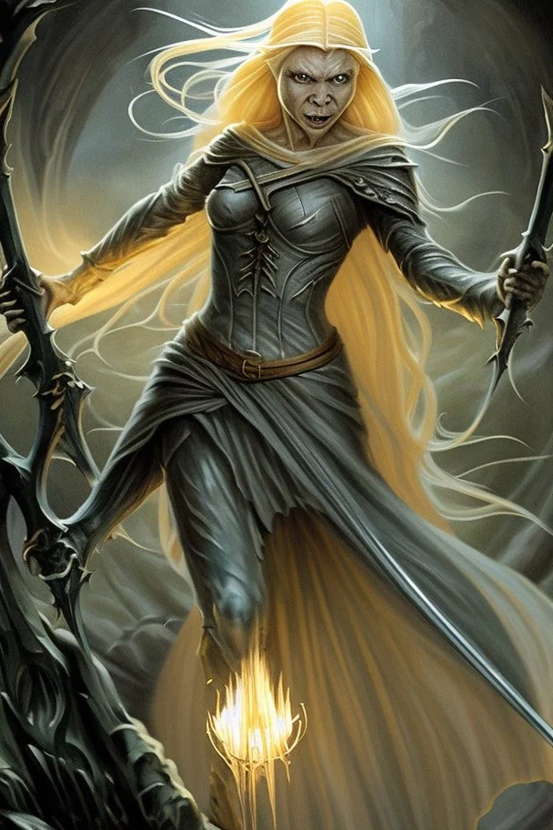 Galadriel strode into the midst of the filthy orc host, golden hair flowing around her like a mantle of light. Her gleaming blade flashed in the gloom of the dank cave as she cut a swath through the foul creatures. Black blood spurted from severed limbs and clove heads. Orcs shrieked and fled before her terrible form - the wrath of the Eldar kindled to white-hot flame.