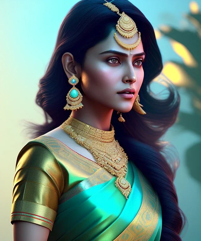 A portrait of a crystalised indian actress, atmospheric, realistic, unreal engine, cinematic lighting, octane render, transoarent, gold turquoise light