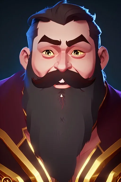 Fantasy Bearded strong man wearing a thick fur-lined merchant's coat, wearing gold rings, divine, halo, happy smiling, portrait, high definition, realistic, long hair, dynamic lighting, volumetric lighting, mustache