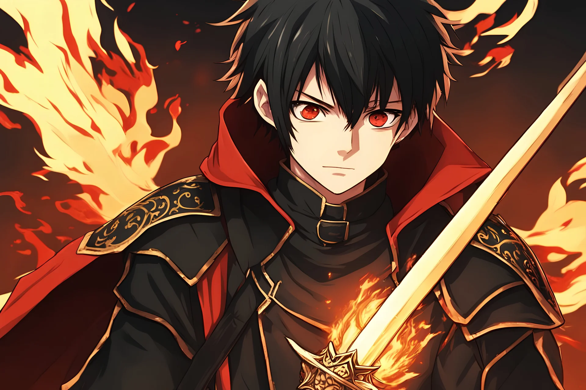 um garoto de anime aparência 16 anos na era medieval um cabelo preto olho esquerdo ,olho direito vermelho com uma espada preta e poderes de fogo usando uma capa preta e uma roupa preta com detalhes vermelhos