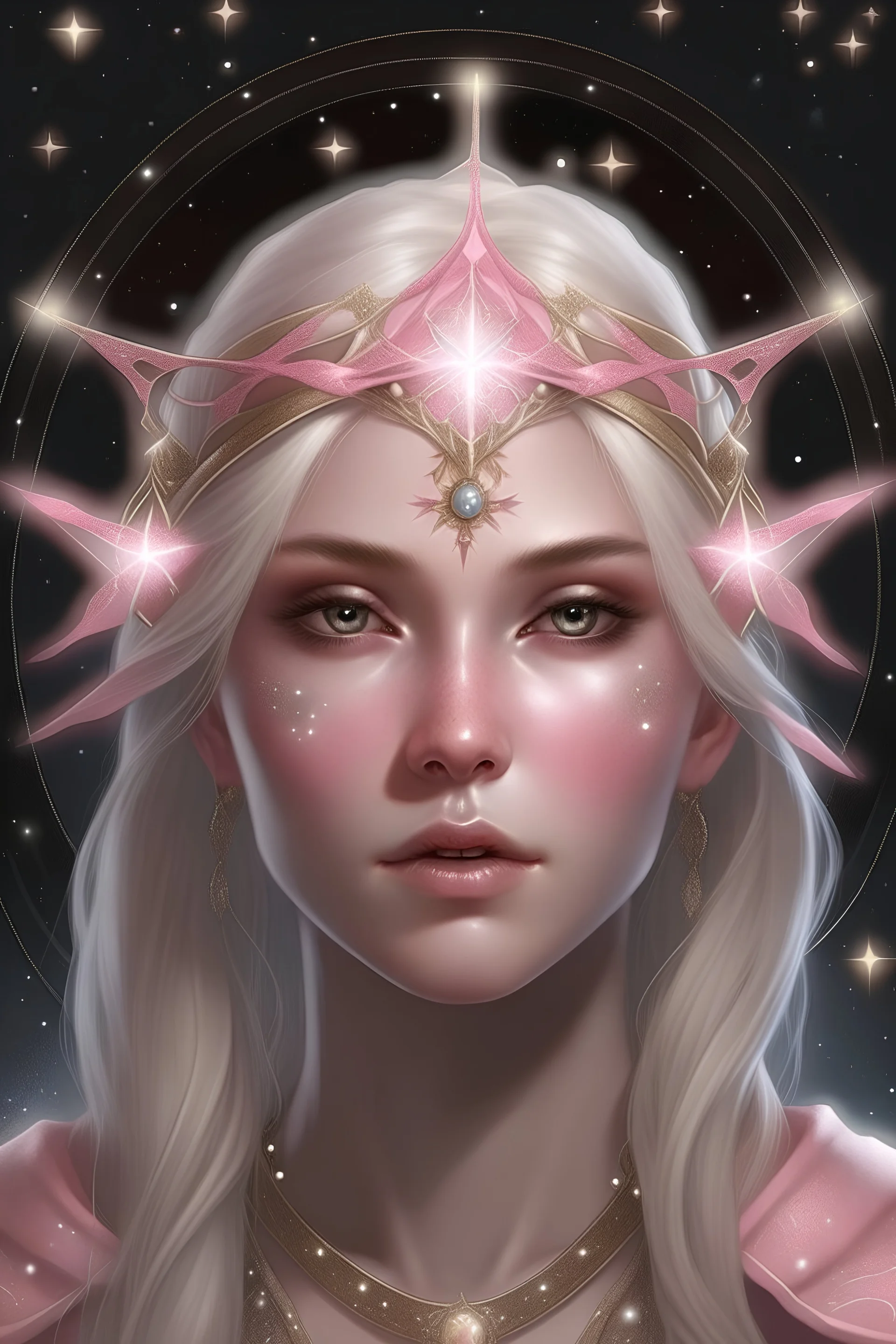 Generate a dungeons and dragons character portrait of the face of a female aasimar. She is a circle of the Stars Druid. Her hair is off-white pink and voluminous. Her skin is very pale. Her eyes are black. She wears a dainty circlet made of silver coated branches with stars and constellations. Show her in her starry form.