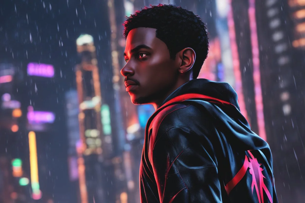 Miles morales in 8k nier automata drawing style, spider man them, cinematic mood, neon effect, close picture, rain , highly detailed, high details, detailed portrait, masterpiece,ultra detailed, ultra quality