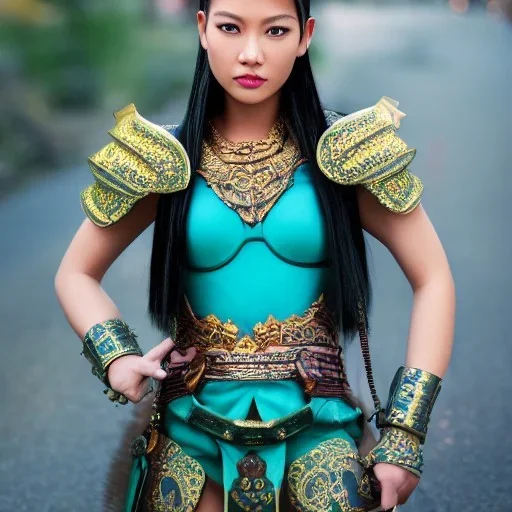 beautiful asian thai queen with black leather studded armor, delicate cyan braided hair, green glass eyes, highly detailed, 8k, ambient light, taylor swift