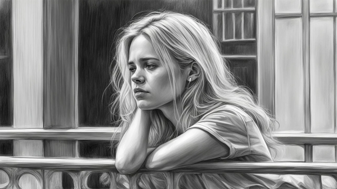 Black and white pencil sketch of a sad blonde on a balcony, tears, photorealism, 3d, 64k, high resolution, hyperrealism, f/16, 1/300s.