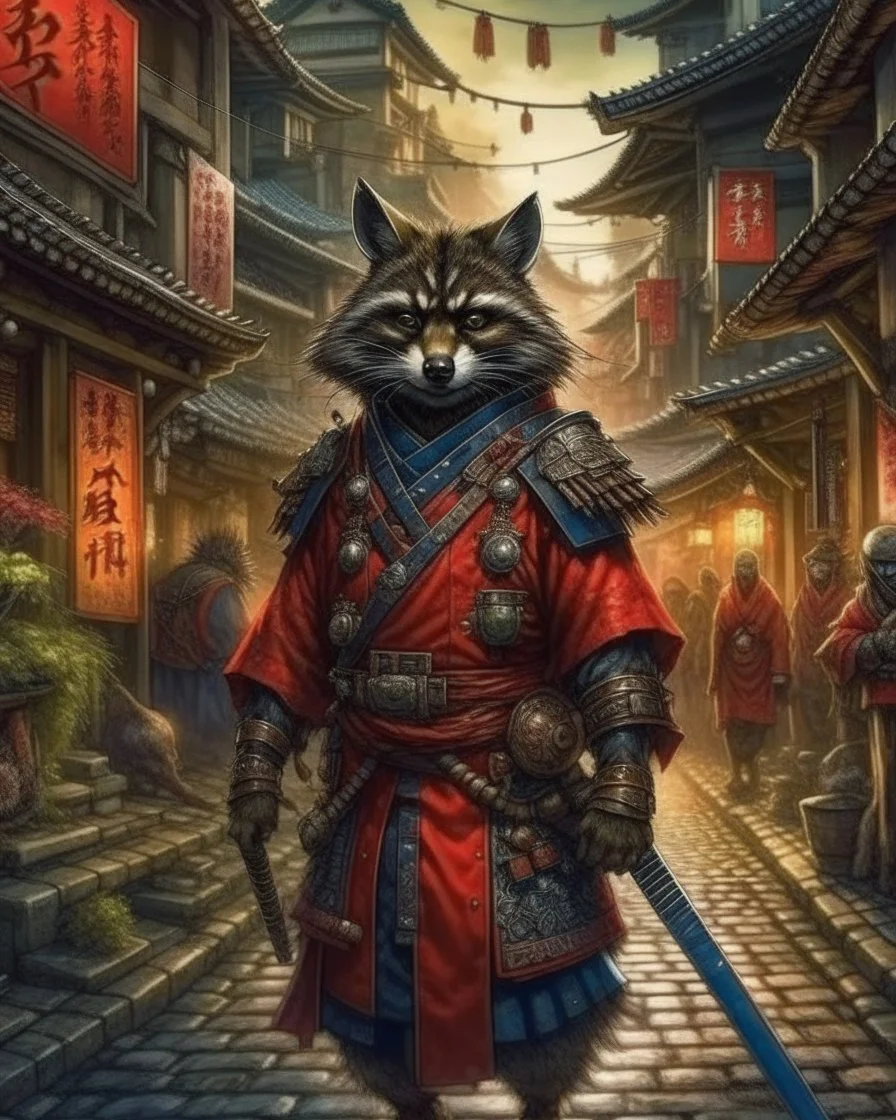 highly detailed concept illustration of an alternate reality ancient China samurai racoon wanderer in a street, maximalist, highest resolution, Masahiro Ito, boldly inked, 8k, coarse, red