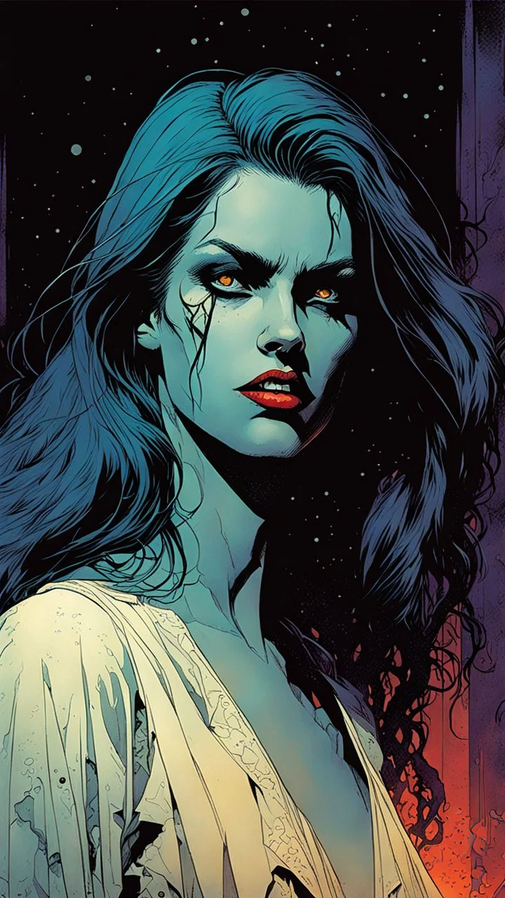 create a hardened, vampire girl in the comic book art style of Mike Mignola, Bill Sienkiewicz and Jean Giraud Moebius, , highly detailed,, grainy, gritty textures, , dramatic natural lighting