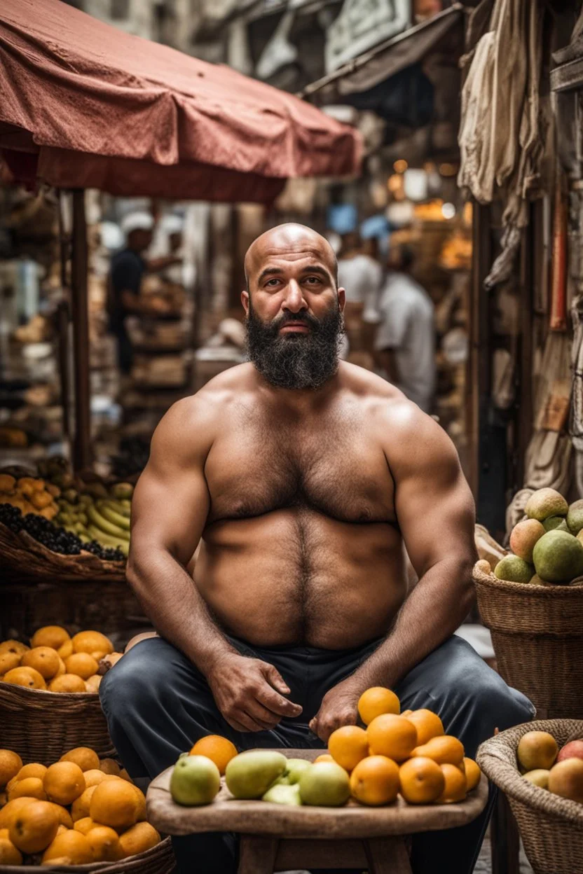 half figure photography of a burly chubby muscular strong 39-year-old arab in Istanbul bazaar, ajar mouth, shirtless, short beard, bald, selling fruits sitting on an old chair, big shoulders, bulge, manly chest, very hairy, side light, view from the ground