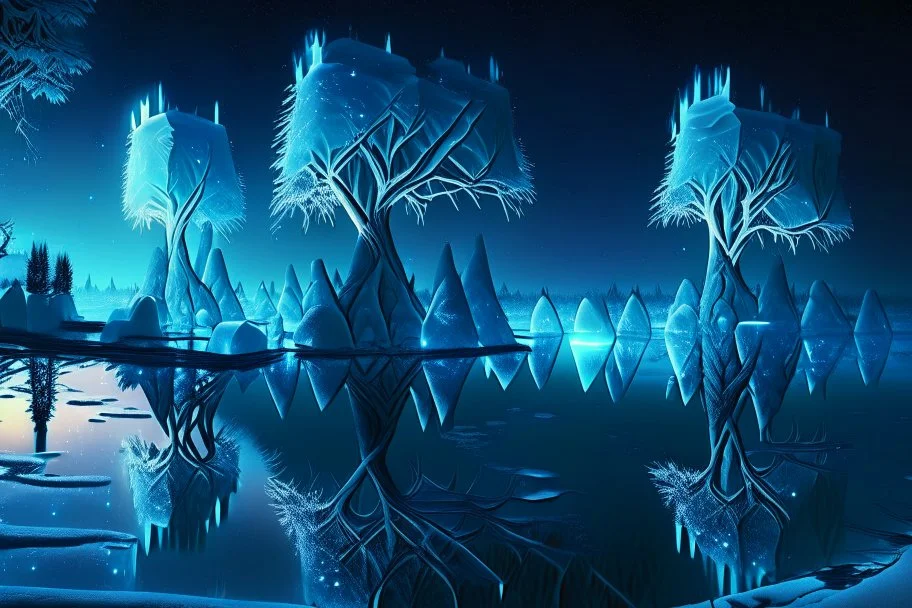 Ice blocks near one tree, night, lagoon reflection, sci-fi, epic,