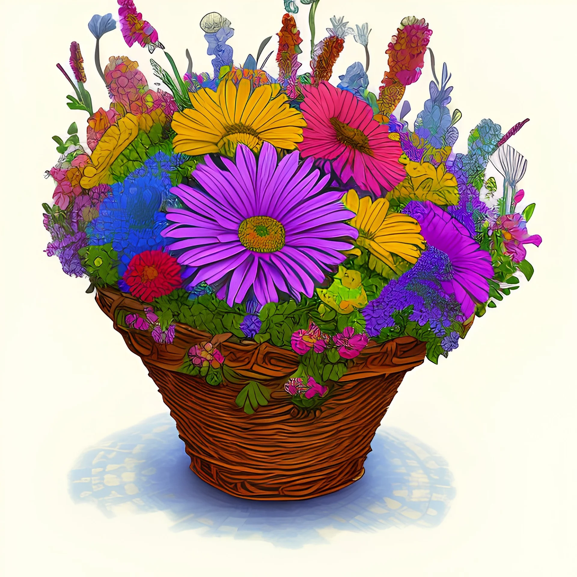 a basket filled with lots of colorful flowers, a digital rendering, process art, cartoonish graphic style, inked and colored, mid view, screen cap