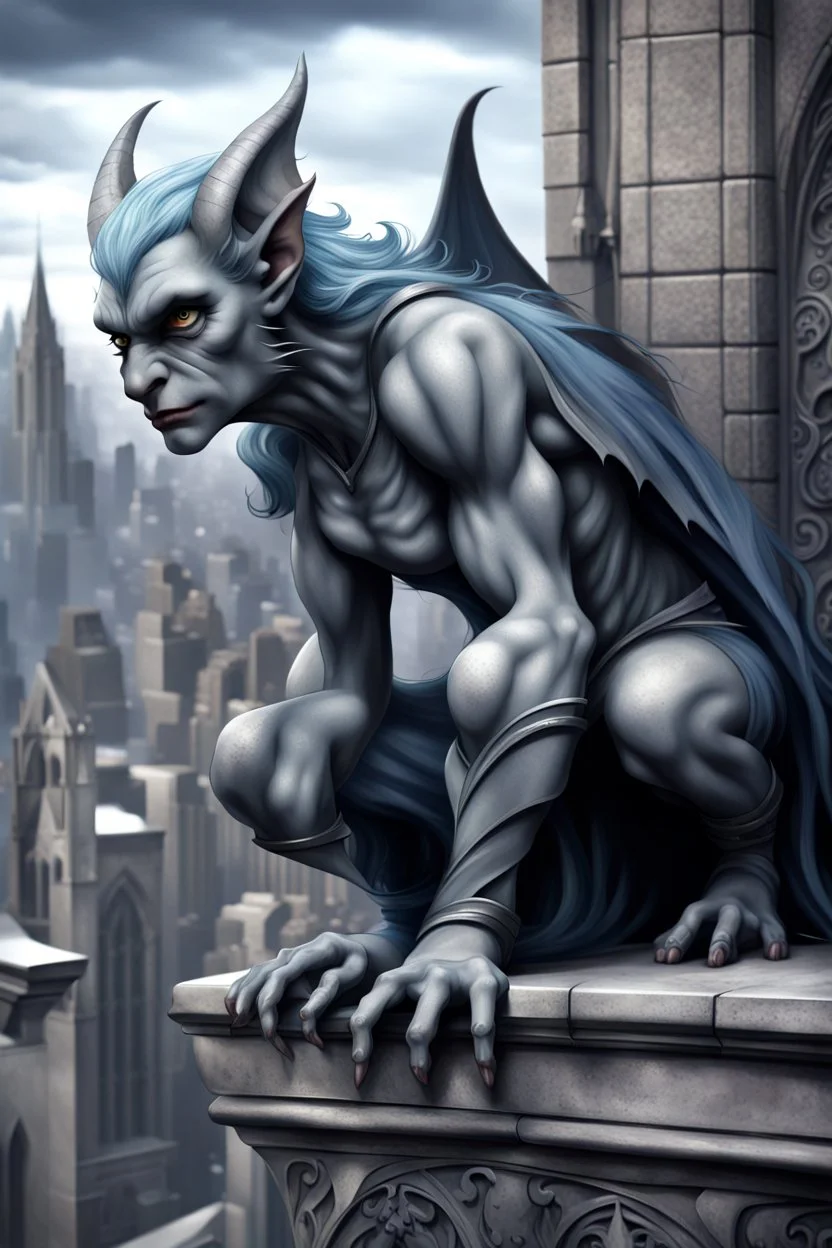 captivating and highly detailed fantasy, gothic illustration featuring a grayish Gargoyle with curly bluish hair crouching above the city, leaning forward to observe the people below. Style of artist Anne Stokes, Gothic, Dark Fantasy, photo, 3d rendering, cinematic