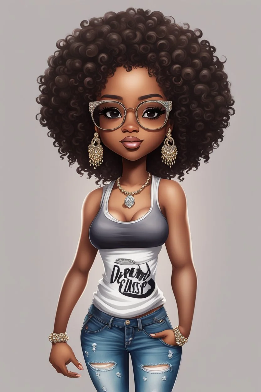 Create a whimsical chibi image of a black female with shoulder length tightly curl ombre afro, black silky and brown eyes. Long eye lashes wearing a torn jeans and tank top with diamond studded "pretty" on the front, sandals , plus size body style. Diamond studded glasses and hoop earrings forward facing, 2k, white background