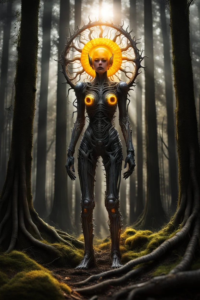 Forest sun full body, full shot,forest,Sony Alpha 7 50mm 1.8,medium shot, high-resolution image with fine details, citrine, ultra detailed,ultra realistic,extremely realistic,intricate,photorealistic,epic composition,masterpiece,H.R.Giger style