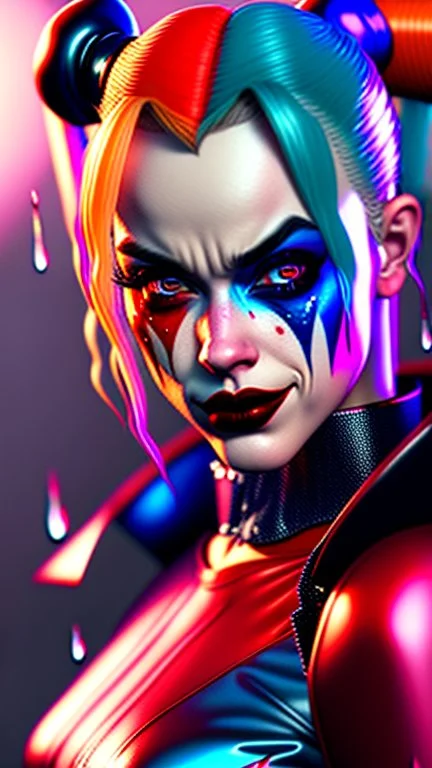 Harley Quinn, violent, high delicate defined details, beautiful, atmospheric, rain, matte, 3 d 8 k octane rendered, sharp focus, illustration, high detail, ultra realistic, highly saturated colors