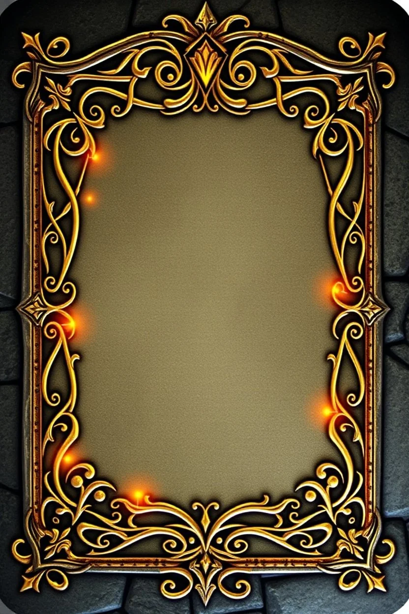 dark "Whimsical, fantasy-themed card border, intricate stone and gold filigree with tiny rat paw prints hidden in the design, playful medieval style, glowing runes, ornate yet readable, decorative corners, vibrant fantasy color palette."