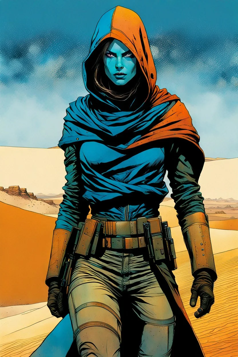 create a fine art print full body illustration of a rugged gritty, roughly textured, hooded, blue eyed, Fremen female mercenary with highly detailed feminine facial features, amidst the swirling desert sands of Arrakis, in the comic book art style of Bill Sienkiewicz, and Jean Giraud Moebius, finely textured, drawn, colored, and inked,