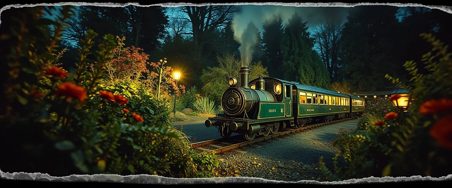 darkest gnome train in bright garden , pinhole cam, airbrush 3d rendering, in the style of John Atkinson Grimshaw , torn edges on border