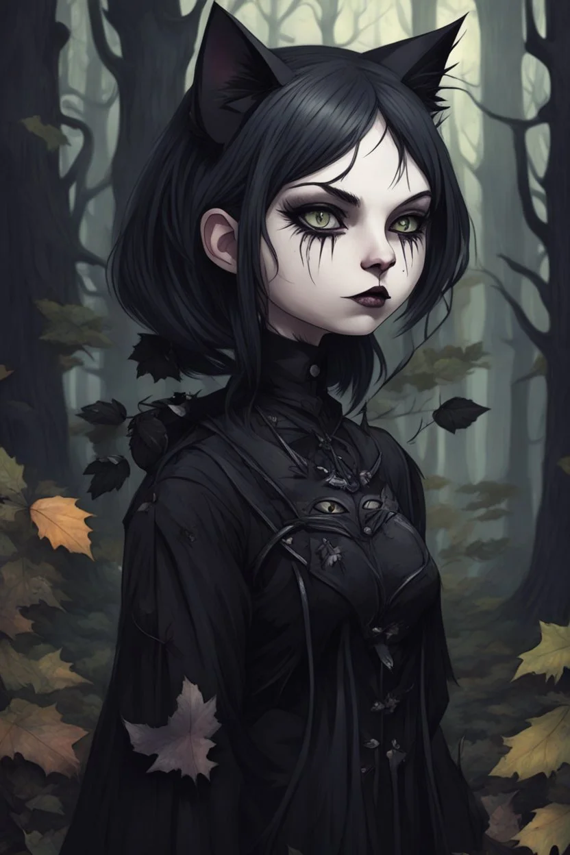 CAT GIRL, goth, SOULLESS, forest, nature, cartoon, leaves