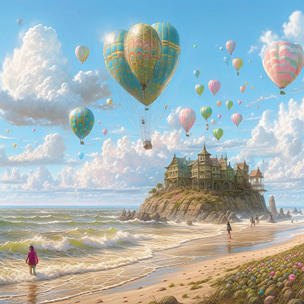 balloon painting is floating over a beach, in the style of raphael lacoste, rough clusters, ian mcque, rococo pastel, 32k uhd, detailed illustrations, grzegorz domaradzki