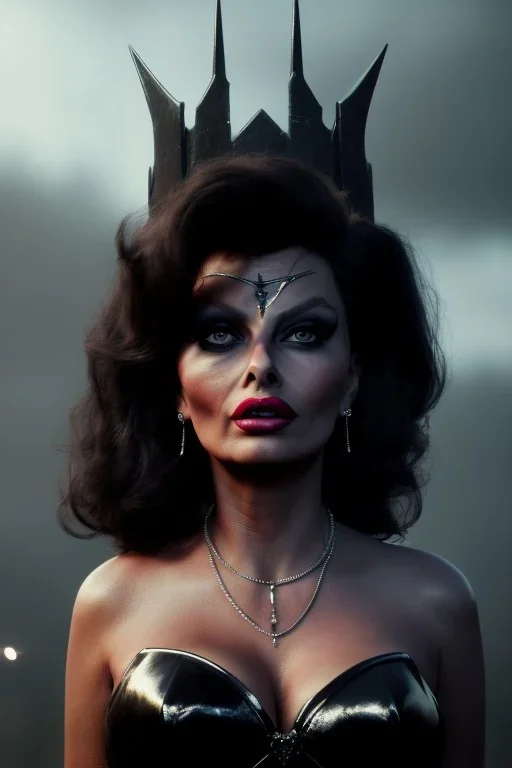 young sophia loren as evil queen in black leather, angry, stern look, volumetric lighting, particales,highly detailed,cinematic, deep colours,8