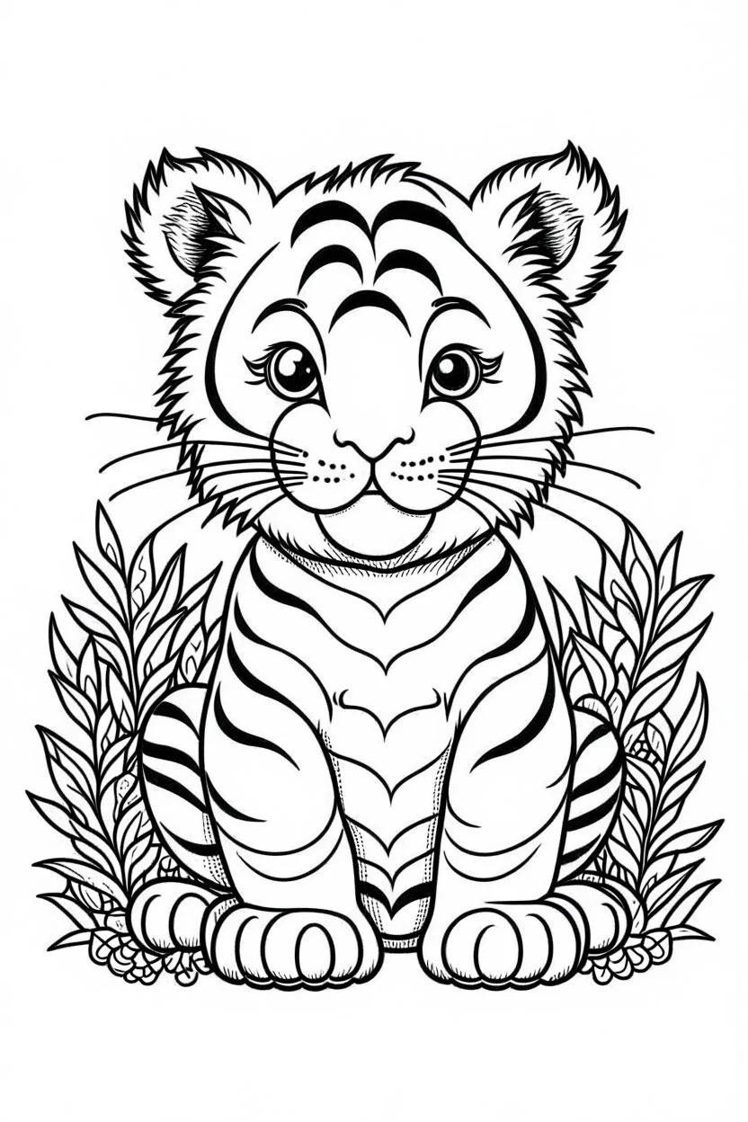 cute coloring page, sketch style, cute baby tiger in the jungle, cute cartoon, white and black, withe background, no shadows, outline.